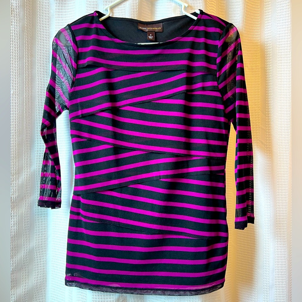 Women’s 3/4 length top, asymmetrical ruffles very forgiving with sheer sleeves